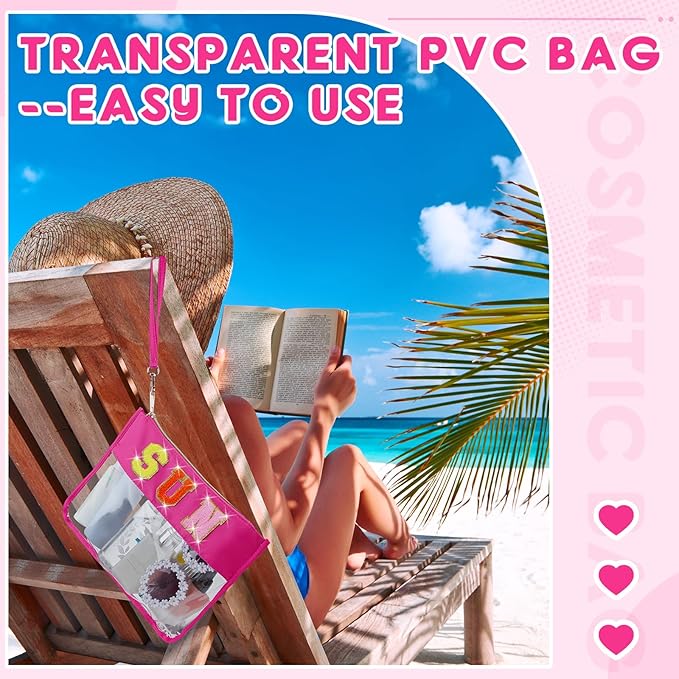 Hillban 2 Pcs Sunscreen Chenille Letter Bags Makeup Cosmetic Bag Waterproof Sun Travel Pouch Beach Pool Things Summer Stuff Preppy Patch Traveling Accessories for Women (Sun Theme)