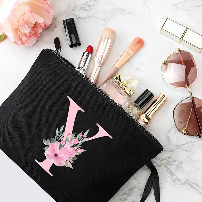 Vavabox A-Z Personalized Makeup Bag, Birthday Gifts for Women Mom, Gifts for Best Friend, Bride Bridesmaid Cosmetic bag (Y, Black)