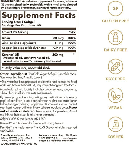 Solgar Hair Growth Age-Defying Nutrition For Men & Women—Thicker Fuller Hair Growth with Keranat Oil, Biotin, Zinc and Copper - One Softgel Daily, Vegan, Dairy, Soy and Gluten Free, 30 Servings