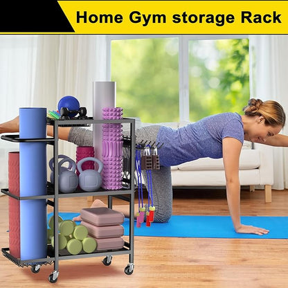Home Gym Storage Rack, 3 Tier Yoga Mat Storage Rack with Wheel for Yoga Lover, Exercise Equipment and Workout Equipment Organizer, Yoga Mat Holder for Yoga Mats, Foam Roller and Dumbbells