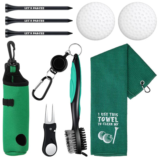 9 Pcs Golf Accessories Kit Golf Club Cleaning Kit Include Microfiber Towel, Cleaner Brush, Ball and Tee Holder, Divot Repair Tool, Ball Bag with Hook for Men Women Gifts