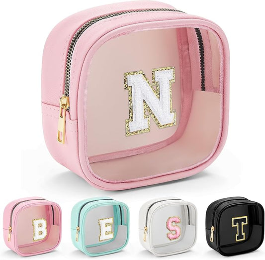 YOOLIFE Initial Make Up Bag Travel Toiletry Bag, Clear Makeup Bag Preppy Cosmetic Bags Organizer Travel Essentials Gifts for Women Teen Girlfriend Teacher Mom Birthday Mothers Day Gifts