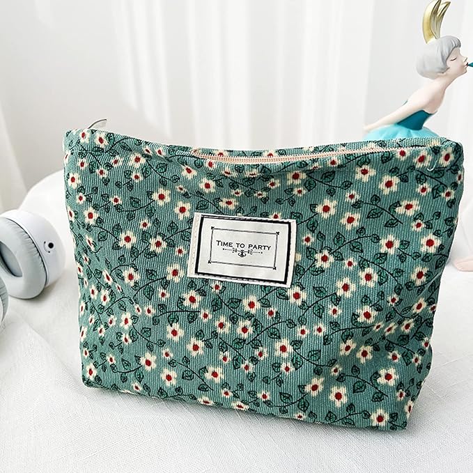 Flower Fabric Makeup Bag for Purse, Vintage Corduroy Cosmetic Pouch Bag, Portable Travel Handbag for Women Girls (Green with white flowers)