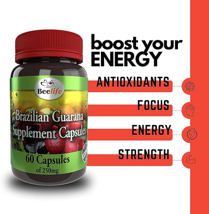 Beelife Brazilian Guarana Capsules - Natural Caffeine Supplements from Brazil - Energy & Mental Focus, Muscle Strength Support - Zero Gluten, No Sugar Pre Workout for Men & Women - 250mg 60 Caps
