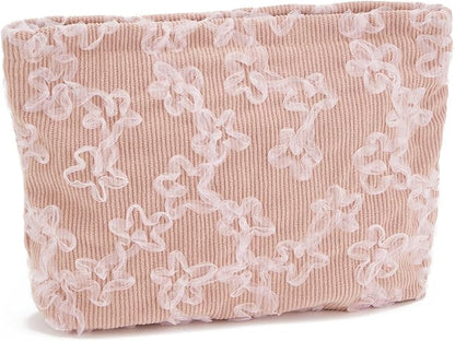 WOZEAH Floral Corduroy Makeup Bag for Purse Small Cosmetic Pouch,Stylish Zipper Make up Pouch Travel Canvas Toiletry Bags(Lace Embroidery 2)
