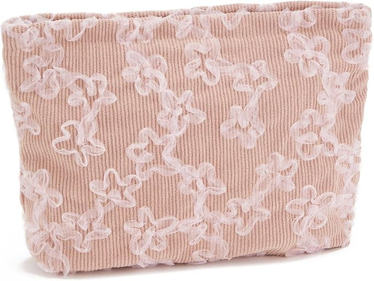 WOZEAH Floral Corduroy Makeup Bag for Purse Small Cosmetic Pouch,Stylish Zipper Make up Pouch Travel Canvas Toiletry Bags(Lace Embroidery 2)