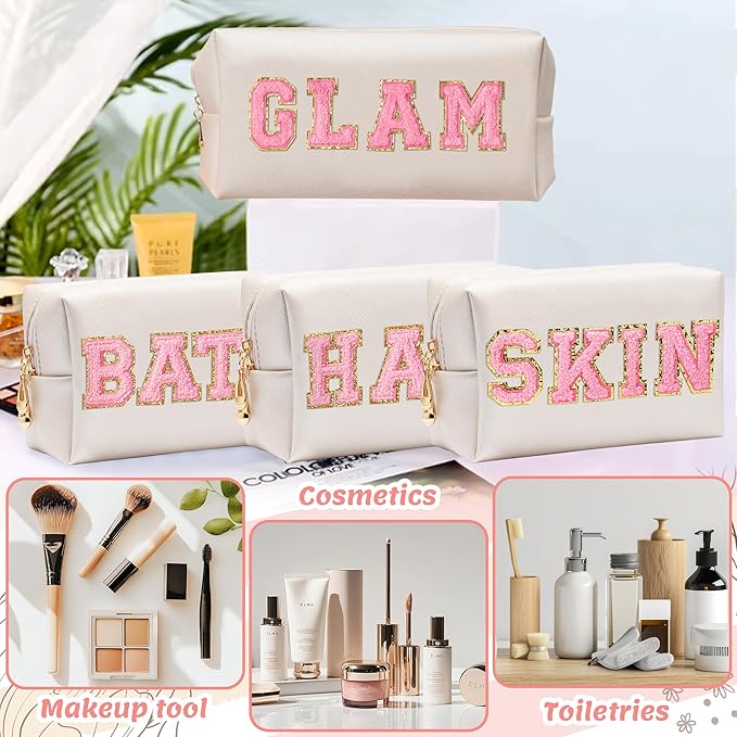 CY2SIDE GLAM Letter Makeup Bag - 4PCS Pink Glam Skin Hair Bath Chenille Letter Patch Cosmetic Bag Preppy PU Leather Patch Pouch Waterproof Portable Zipper Travel Organizer Xmas Gifts for Women Girls