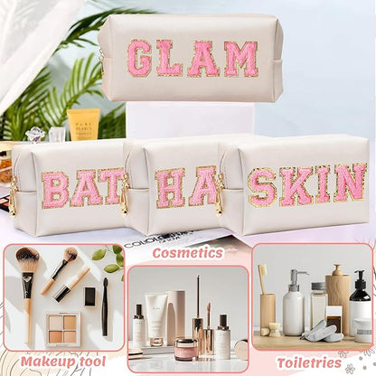 CY2SIDE GLAM Letter Makeup Bag - 4PCS Pink Glam Skin Hair Bath Chenille Letter Patch Cosmetic Bag Preppy PU Leather Patch Pouch Waterproof Portable Zipper Travel Organizer Xmas Gifts for Women Girls