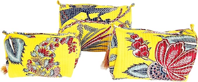 Rastogi Handicrafts Cosmetic Bags Set, 3 Piece Make Up Organizer Bag Storage Bags with Zipper Closure (3, Yellow, Design-8)