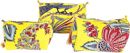 Rastogi Handicrafts Cosmetic Bags Set, 3 Piece Make Up Organizer Bag Storage Bags with Zipper Closure (3, Yellow, Design-8)
