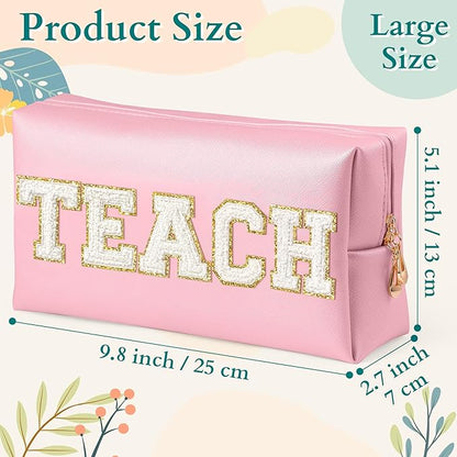 CY2SIDE TEACH Letter Makeup Bag - White TEACH Chenille Letter Patch Cosmetic Bag Pink PU Leather Patch Travel Pouch Waterproof Portable Zipper Travel Organizer for Teacher Appreciation Gifts Xams Gift