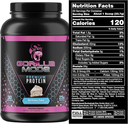 Gorilla Mode Premium Whey Protein - Birthday Cake / 25 Grams of Whey Protein Isolate & Concentrate/Recover and Build Muscle (30 Servings)