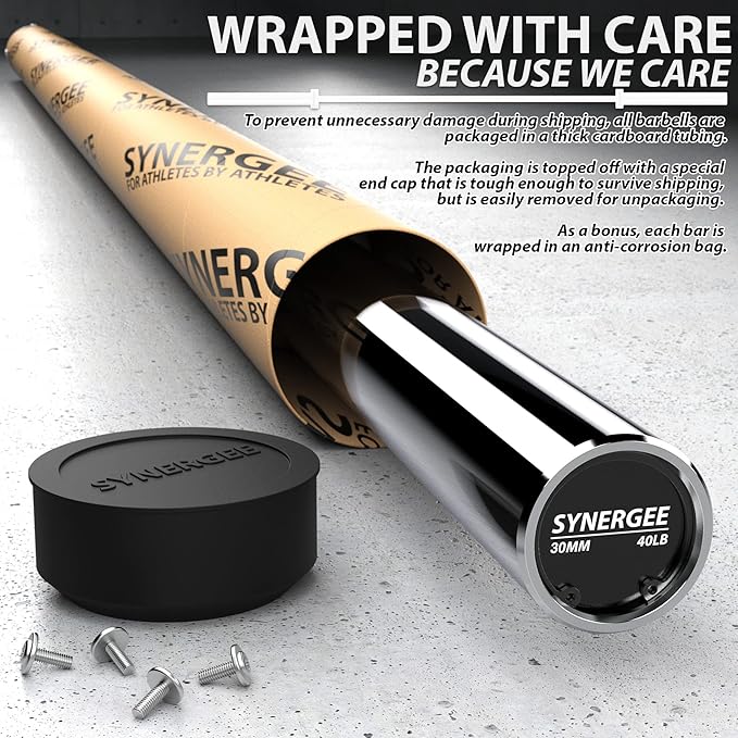 Synergee Essential 40lb Chrome Olympic Barbell. Great for Weightlifting