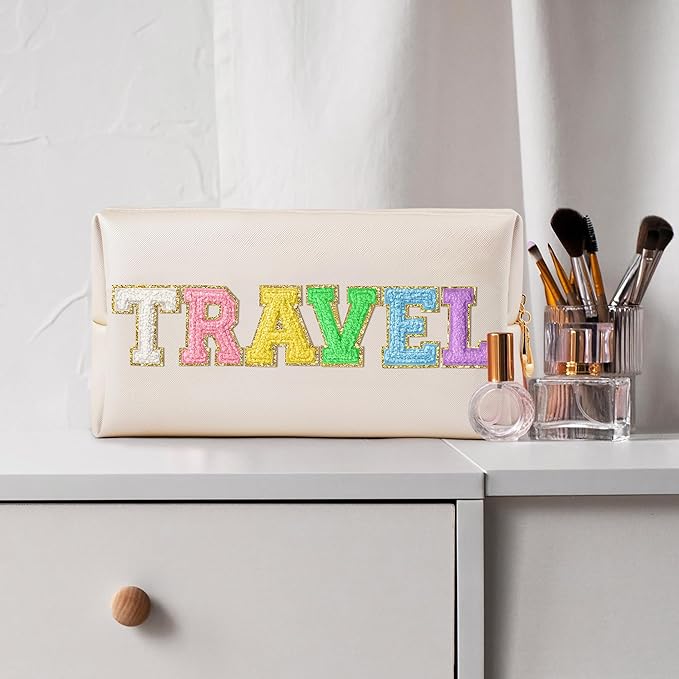 CY2SIDE TRAVEL Letter Makeup Bag - Colorful Chenille Letter Patch Cosmetic Bag Shell Gold PU Leather Patch Pouch Waterproof Portable Zipper Travel Organizer Christmas Idea Gifts for Women Girls