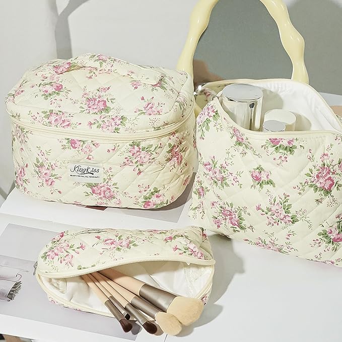 kingkiss Makeup Bag, Quilted Cosmetic Bag, Large Capacity Make Up Bag for Women, Cute Floral Storage Toiletry Bag Travel Storage Makeup Bag (Pink Flower)