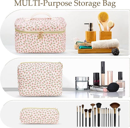 3 PCS Travel Makeup Bag Set, Large Cotton Make up Bag Quilted for Women, Floral Cosmetic Bag Toiletry Bag for Girls Cute Flower Toiletry Bag Travel Accessories Brushes Kawaii Stuff - Yellow and Flower