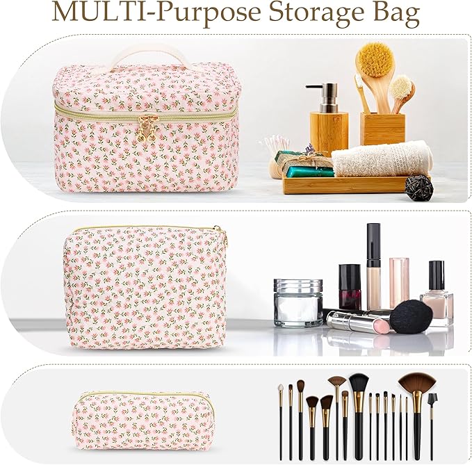 3 PCS Travel Makeup Bag Set, Large Cotton Make up Bag Quilted for Women, Floral Cosmetic Bag Toiletry Bag for Girls Cute Flower Toiletry Bag Travel Accessories Brushes Kawaii Stuff - Red Flower