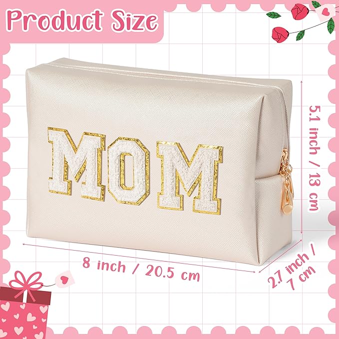 CY2SIDE MOM Letter Makeup Bag - White Mom Chenille Letter Patch Cosmetic Bag Pink PU Leather Patch Travel Pouch Waterproof Portable Zipper Travel Organizer Case Christmas Idea Gifts for Mother Women