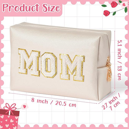 CY2SIDE MOM Letter Makeup Bag - White Mom Chenille Letter Patch Cosmetic Bag Pink PU Leather Patch Travel Pouch Waterproof Portable Zipper Travel Organizer Case Christmas Idea Gifts for Mother Women