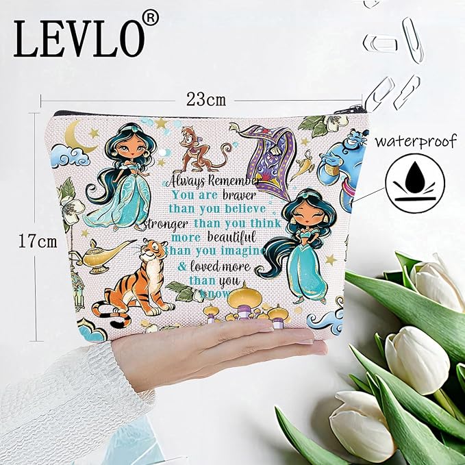 LEVLO Princess Arab Cosmetic Make Up Bag Fairy Tales Fans Gift You Are Braver Stronger Smarter Than You Think Princess Zipper Pouch Bag For Movie Fans (Always Jasm)