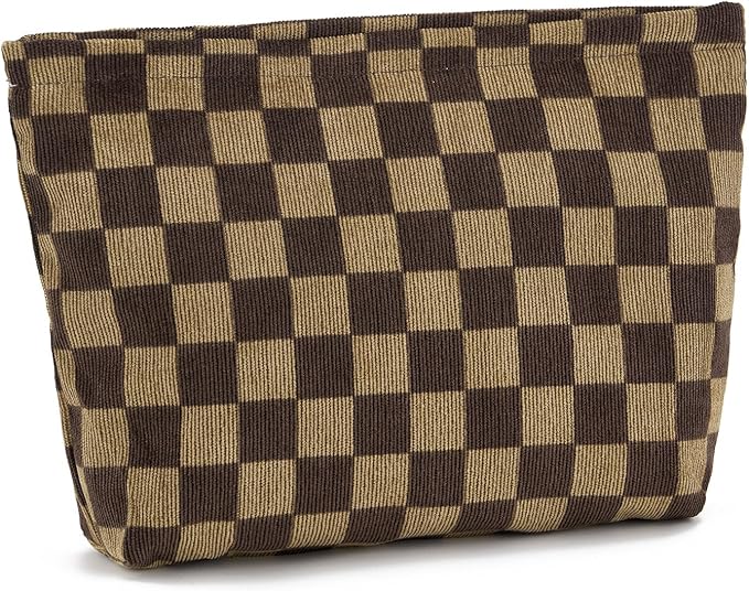 WOZEAH Corduroy Makeup Bag for Purse Small Cosmetic Pouch,Stylish Zipper Make up Pouch Travel Canvas Toiletry Bags(Dark Brown Checkered)