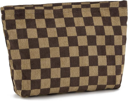 WOZEAH Corduroy Makeup Bag for Purse Small Cosmetic Pouch,Stylish Zipper Make up Pouch Travel Canvas Toiletry Bags(Dark Brown Checkered)