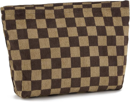 WOZEAH Corduroy Makeup Bag for Purse Small Cosmetic Pouch,Stylish Zipper Make up Pouch Travel Canvas Toiletry Bags(Dark Brown Checkered)