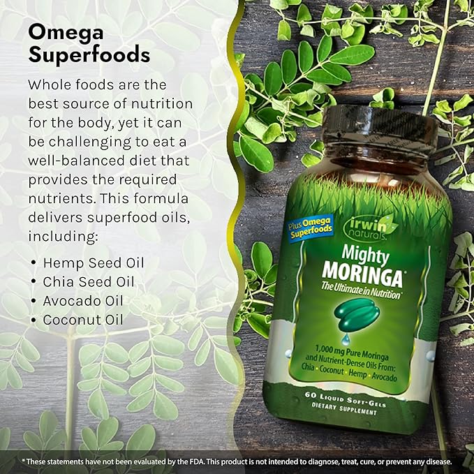 Irwin Naturals Mighty Moringa 1,000 mg - 60 Liquid Softgels - with Chia, Coconut, Hemp, Avacado & Omega Superfoods - 30 Total Servings