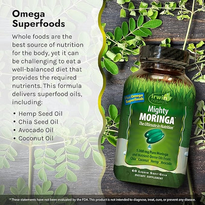 Irwin Naturals Mighty Moringa 1,000 mg - 60 Liquid Softgels - with Chia, Coconut, Hemp, Avacado & Omega Superfoods - 30 Total Servings