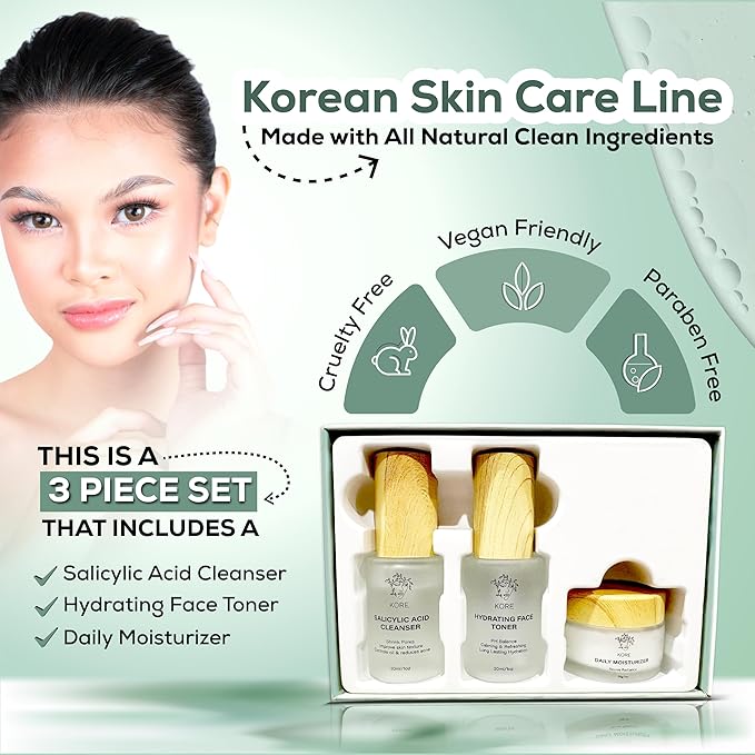 Kore Korean Skin Care Set–3-Piece Skincare Kit with Salicylic Acid Cleanser, Hydrating Toner & Daily Moisturizer–Vegan & PH Balancing Korean Skincare for Glass Skin–Skin Care Routine Kit for Women
