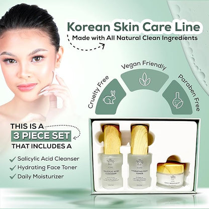 Kore Korean Skin Care Set–3-Piece Skincare Kit with Salicylic Acid Cleanser, Hydrating Toner & Daily Moisturizer–Vegan & PH Balancing Korean Skincare for Glass Skin–Skin Care Routine Kit for Women