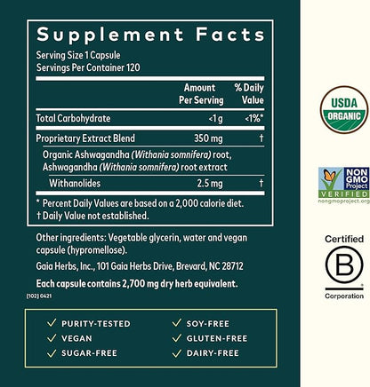 Gaia Herbs, Ashwagandha Root Vegan Liquid Phyto Capsules - Stress Relief, Immune Support Supplement, Balanced Energy Levels and Mood , 120 Ct (Pack of 1)