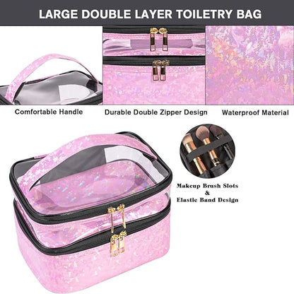 FITINI 3 Pieces Makeup Bags Double Layer Travel Large Holographic Cosmetic Cases Organizer Toiletry Bags Waterproof Small Zipper Pouch for Women Makeup Brush Storage Bag,Light Pink