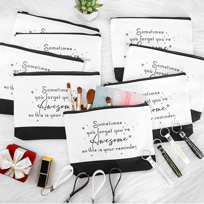 Sanwuta 80 Pcs Inspirational Canvas Makeup Bags Keychains Set Graduation Gifts Teacher Appreciation Gifts Bulk for Employees Women (Awesome Sign)