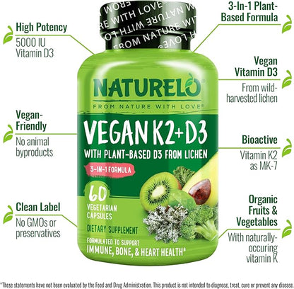 NATURELO Vitamin D3 K2 - Vegan K2+D3 with Plant Based D3 from Lichen - Natural D3 Supplement for Immune System, Bone Support, Heart Health - Whole Food - Non-GMO - Gluten Free, 60 Capsules