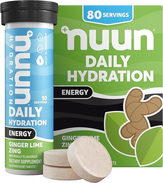 Nuun Hydration Energy Electrolyte Tablets with Caffeine, B Vitamins and Ginseng, Ginger Lime Zing, 5 Essential Electrolytes for Hydration, Vegan, Non-GMO, 8 Pack (80 Servings)