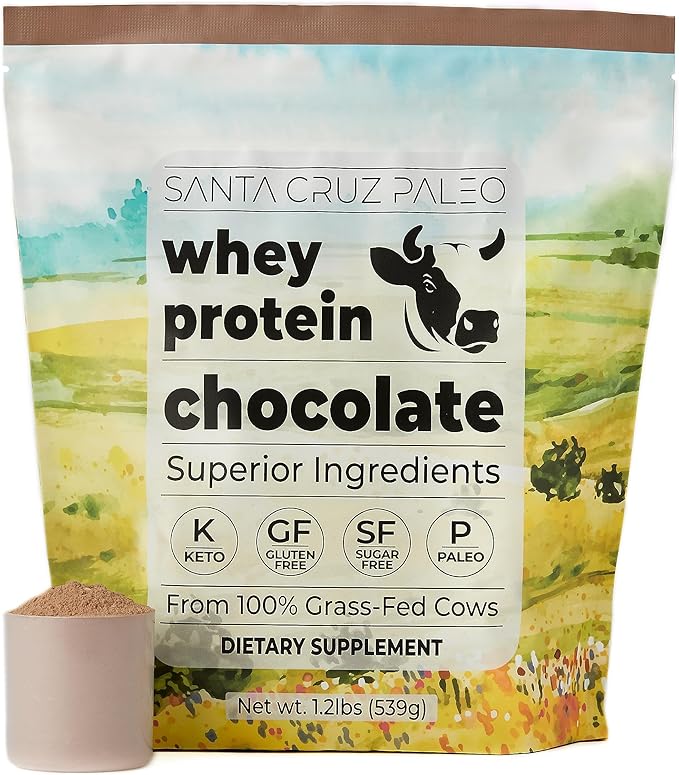 Santa Cruz Paleo Whey Protein Powder, Chocolate, 20g Grass Fed Whey Protein Isolate Per Serving, Gluten Free, Keto, Sugar Free, Paleo, Natural, Post Workout Muscle Support, 20 Servings, 1.2lb Bag