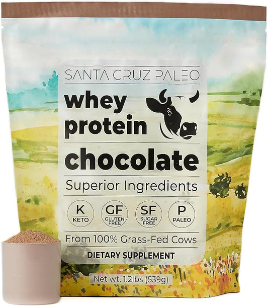 Santa Cruz Paleo Whey Protein Powder, Chocolate, 20g Grass Fed Whey Protein Isolate Per Serving, Gluten Free, Keto, Sugar Free, Paleo, Natural, Post Workout Muscle Support, 20 Servings, 1.2lb Bag