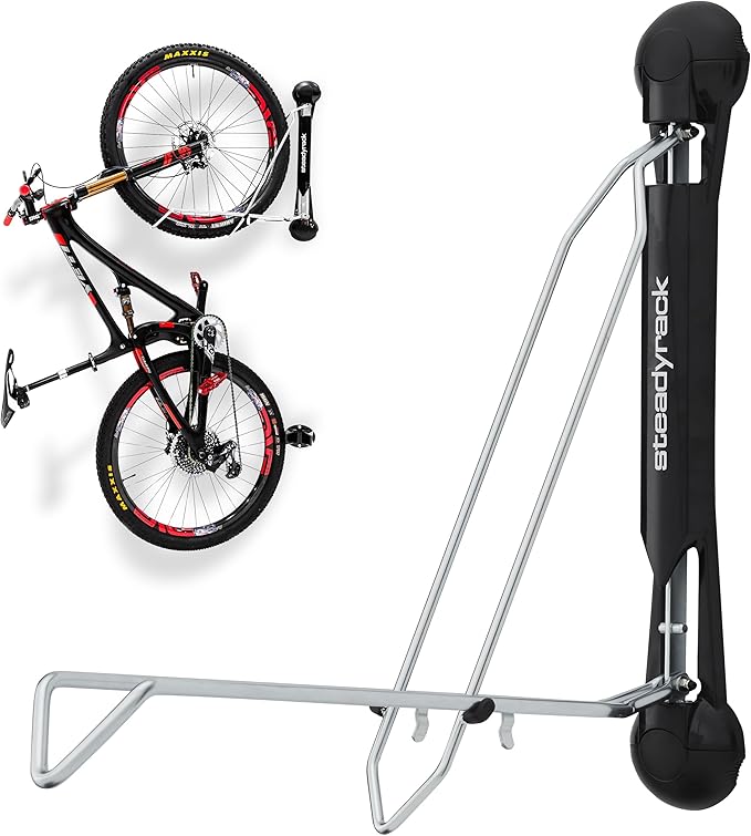 Steadyrack Bike Rack - Pivoting Mountain Bike Rack, Holds Up 77lbs, Fits 20"-29", 2.1"-2.8" Tires, Foldable Wall Mount for Space-Saving Storage Bicycle Hanger