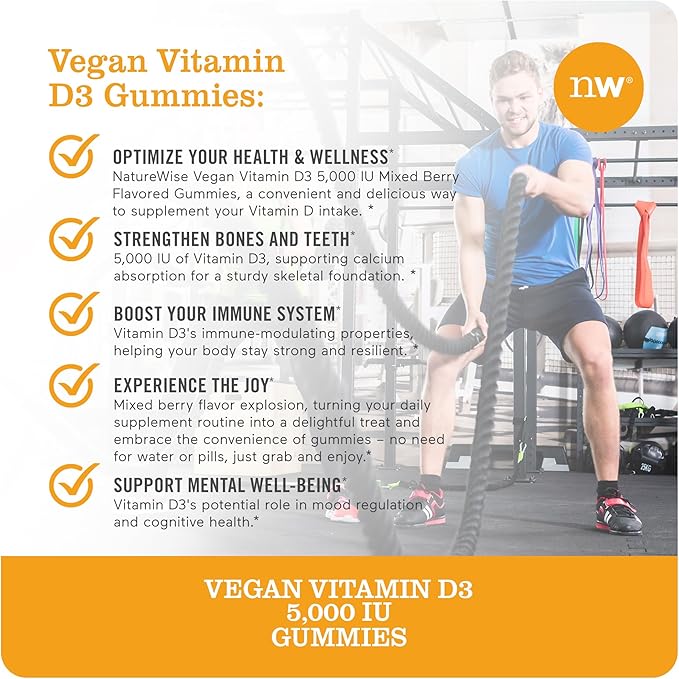 NatureWise Vitamin D3 5000 IU Gummies - Mixed Berry Flavor - Vegan D from Lichen, Pectin Based, Immune Support for Adults, Muscle & Bone Strength - Gluten Free, Non-GMO - 90 Count[45-Day Supply]