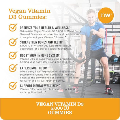 NatureWise Vitamin D3 5000 IU Gummies - Mixed Berry Flavor - Vegan D from Lichen, Pectin Based, Immune Support for Adults, Muscle & Bone Strength - Gluten Free, Non-GMO - 90 Count[45-Day Supply]