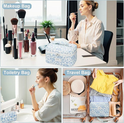 Quilted Makeup Bag Set, 3Pcs Large Checkered Corduroy Cosmetic Bags, Cute Coquette Makeup Bag Toiletry Zipper Pouch Bag for Women and Girls Checkered