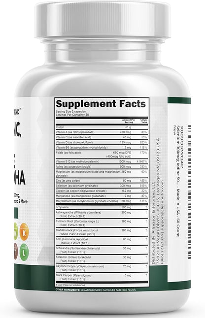 Clean Nutraceuticals Selenium 300mcg Zinc 50mg Iodine 500mcg L Tyrosine 500mg Ashwagandha - Thyroid Support Supplement for Women & Men w/Bladderwrack, Turmeric, Kelp, Schisandra - 60 Capsules