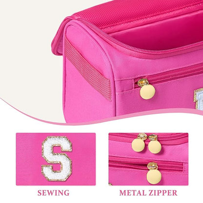 COSHAYSOO Useful Birthday Gifts for Women Best Friends Initial Hanging Toiletry Bag Waterproof Travel Makeup Cosmetic Pouch Airplane Cruise Ship Car Traveling Accessories Essentials Hot Pink Letter S