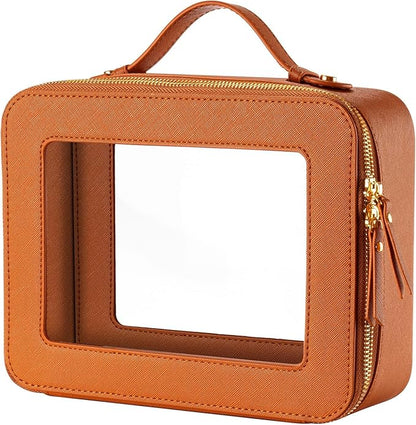 Keains Clear Makeup Bag for Women，Cosmetic Organizer Case Transparent Waterproof Travel Toiletry Bag with Zipper，Portable Make Up Organizer Traveling Compact Car Bag for Essentials（Orange brown）