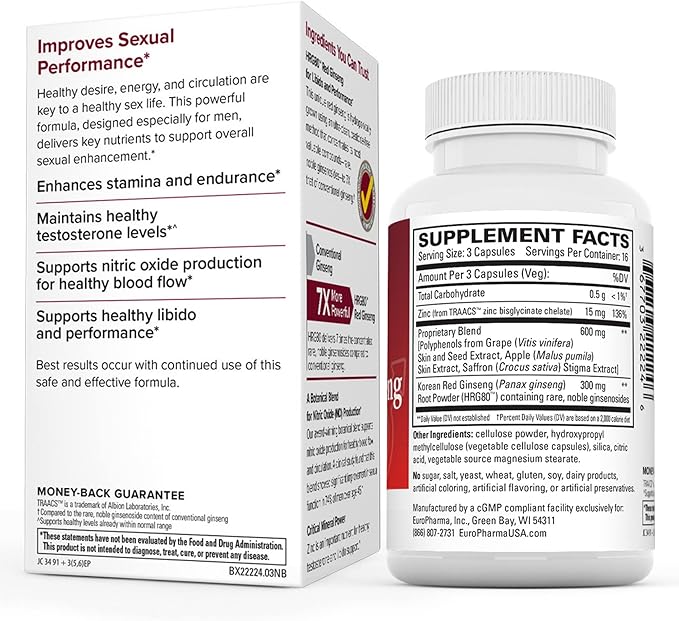 Terry Naturally Male Sexual Health - Dietary Supplement to Support Healthy Blood Flow & Circulation - Herbal Supplement with Korean Red Ginseng - Supplement for Men to Aid Healthy Energy - 48 Capsules