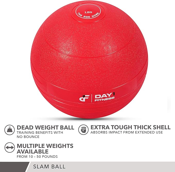 Weighted Slam Ball by Day 1 Fitness – 15 lbs RED - No Bounce Medicine Ball - Gym Equipment Accessories for High Intensity Exercise, Functional Strength Training, Cardio