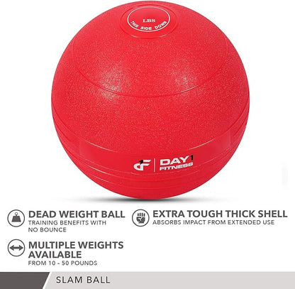 Weighted Slam Ball by Day 1 Fitness – 15 lbs RED - No Bounce Medicine Ball - Gym Equipment Accessories for High Intensity Exercise, Functional Strength Training, Cardio