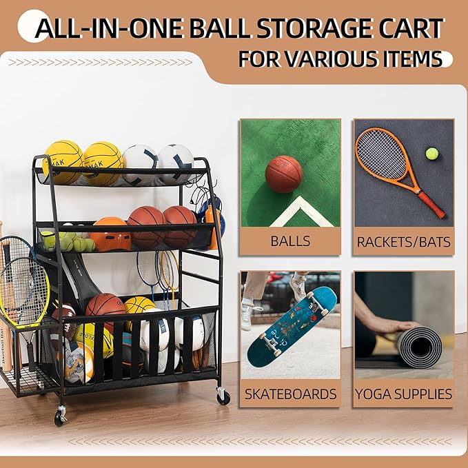 STORAGE MANIAC Ball Storage Bin Rolling Sports Ball Cart, Metal Garage Organizer Sport Rack Basketball Storage Cage for Garage or Gym, Indoor & Outdoor Sports Equipment Organizer