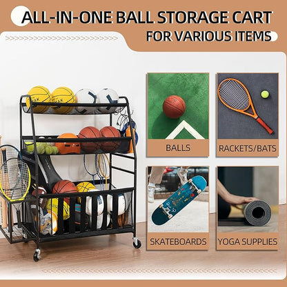 STORAGE MANIAC Ball Storage Bin Rolling Sports Ball Cart, Metal Garage Organizer Sport Rack Basketball Storage Cage for Garage or Gym, Indoor & Outdoor Sports Equipment Organizer